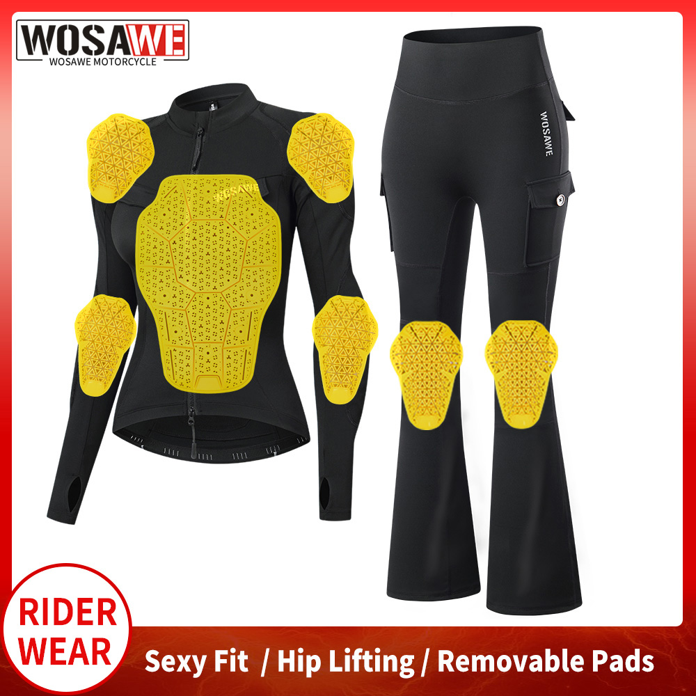 Motorcycle Gear Full Suit - WOSAWE เสื้อแจ็คเก็ตมอเตอร์ไซค์สำหรับผู้หญิงและกางเกงขาบาน ชุดซอฟต์เกียร์แบบเต็มตัว ชุดมอเตอร์ครอสแบบยืดได้ ชุดโยคะ ชุดออกกำลังกาย